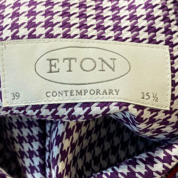 Eton Men's 39 x 15.5 US Medium Shirt Purple Houndstooth Long Sleeve Back Pleats - Picture 6 of 8
